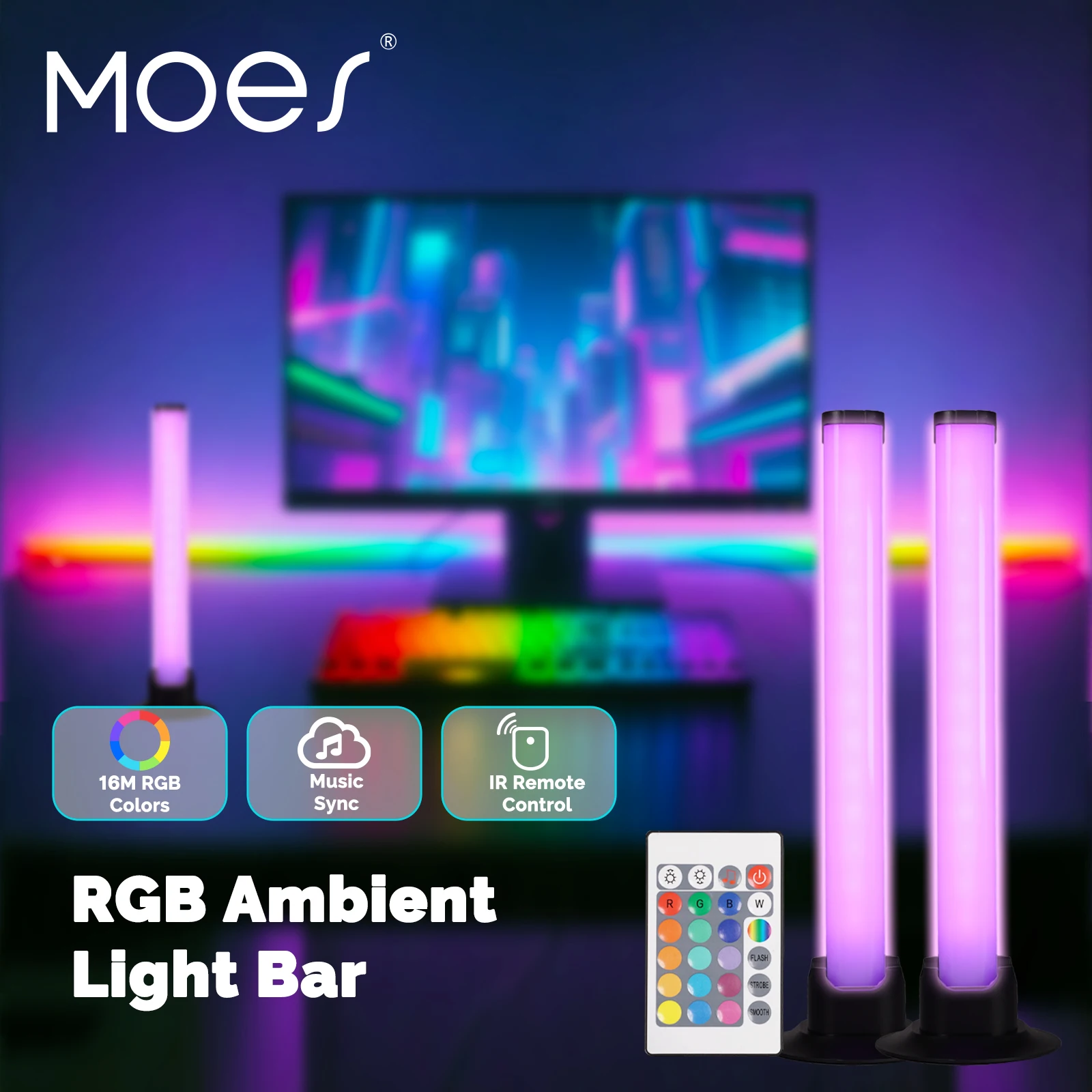 MOES RGB Bar Light Music Sync Rhythm With IR Remote Control PC Desktop Home Decor Cabinet Backlight Gaming Room USB Powered