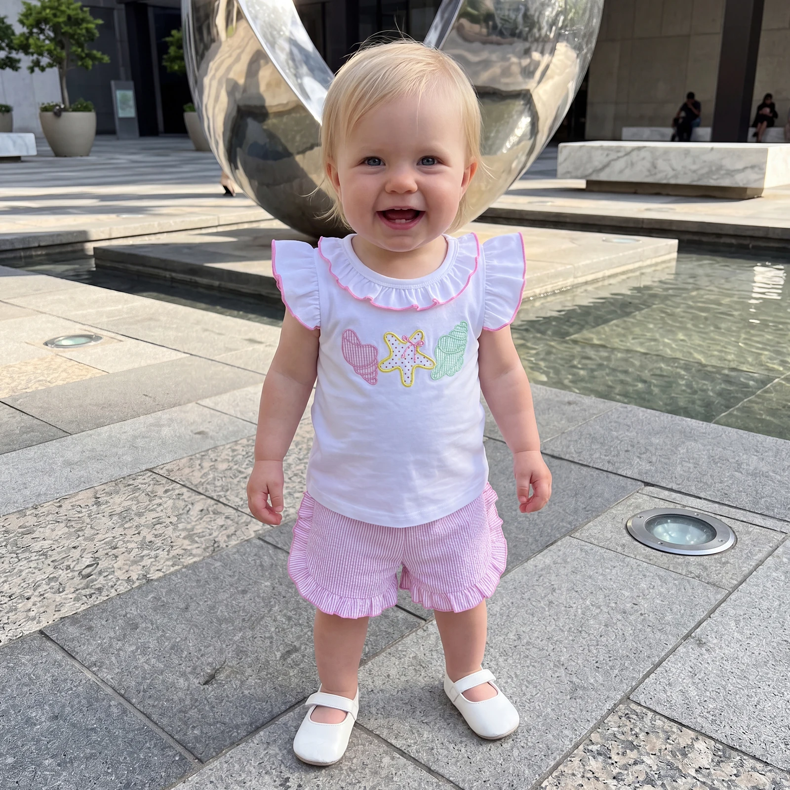 Toddler Girls Summer Outfit Sea Star Conch Applique Flutter Sleeve Crewneck T-Shirt Matching Ruffled Shorts Set