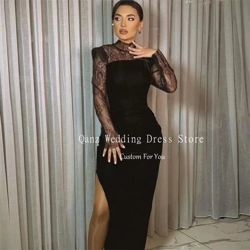 Qanz Sexy Customized Evening Dresses Mermaid Modest Black High Neck Full Sleeve Lace Prom Gowns Leg Slit Robe De Soiree Femmes