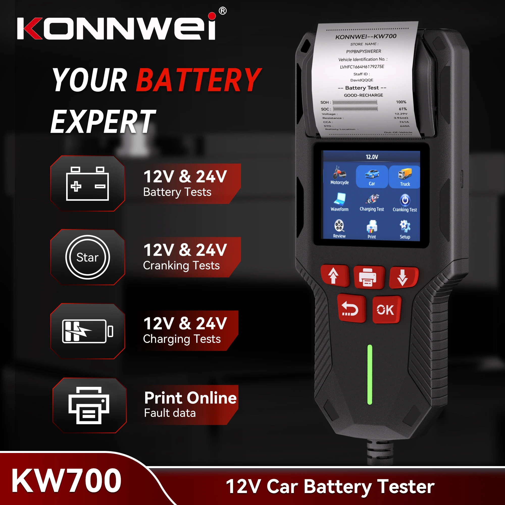 2026 KONNWEI KW700 12V 24V Autobatterietester 10-2000CCA Batterietest SOH SOC Ripple-Analyse Eingebauter Drucker Autobatterie-Werkzeug