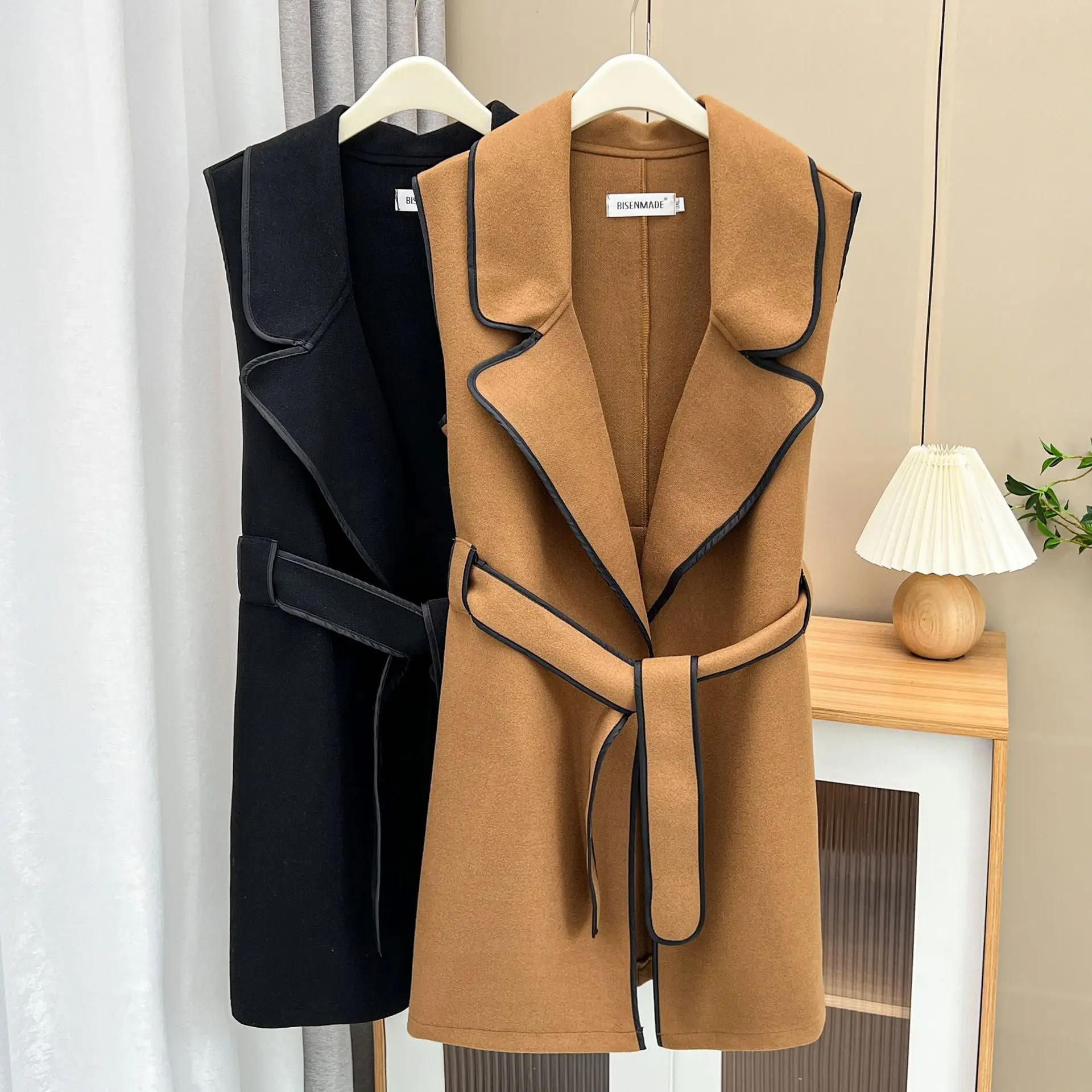 Womens Plus Size Woolen Vest Autumn Casual Clothing Stylish Mid-Length Belt Sleeveless Outwear Curve Coats S6 5704