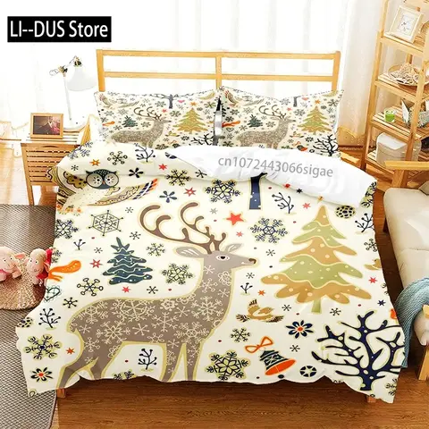 Christmas Elk Duvet Cover Set King Queen Full Twin Size Soft Christmas Trees Snowflake Decor Holiday Bedding Set Comforter Cover