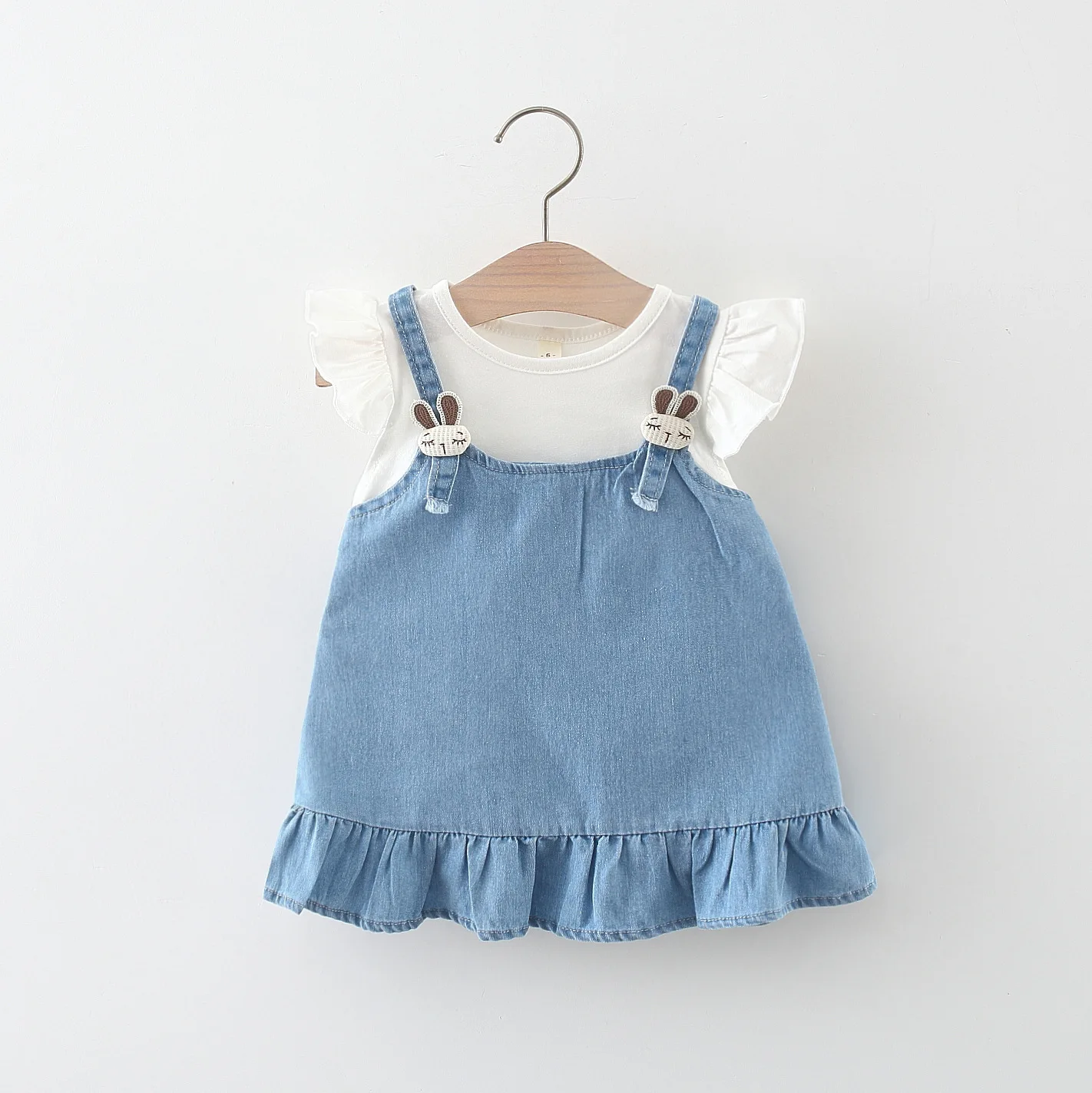 

2024 Summer New Two Rabbit Head Backband Denim dress for Girls Korean Flying Sleeves Cartoon