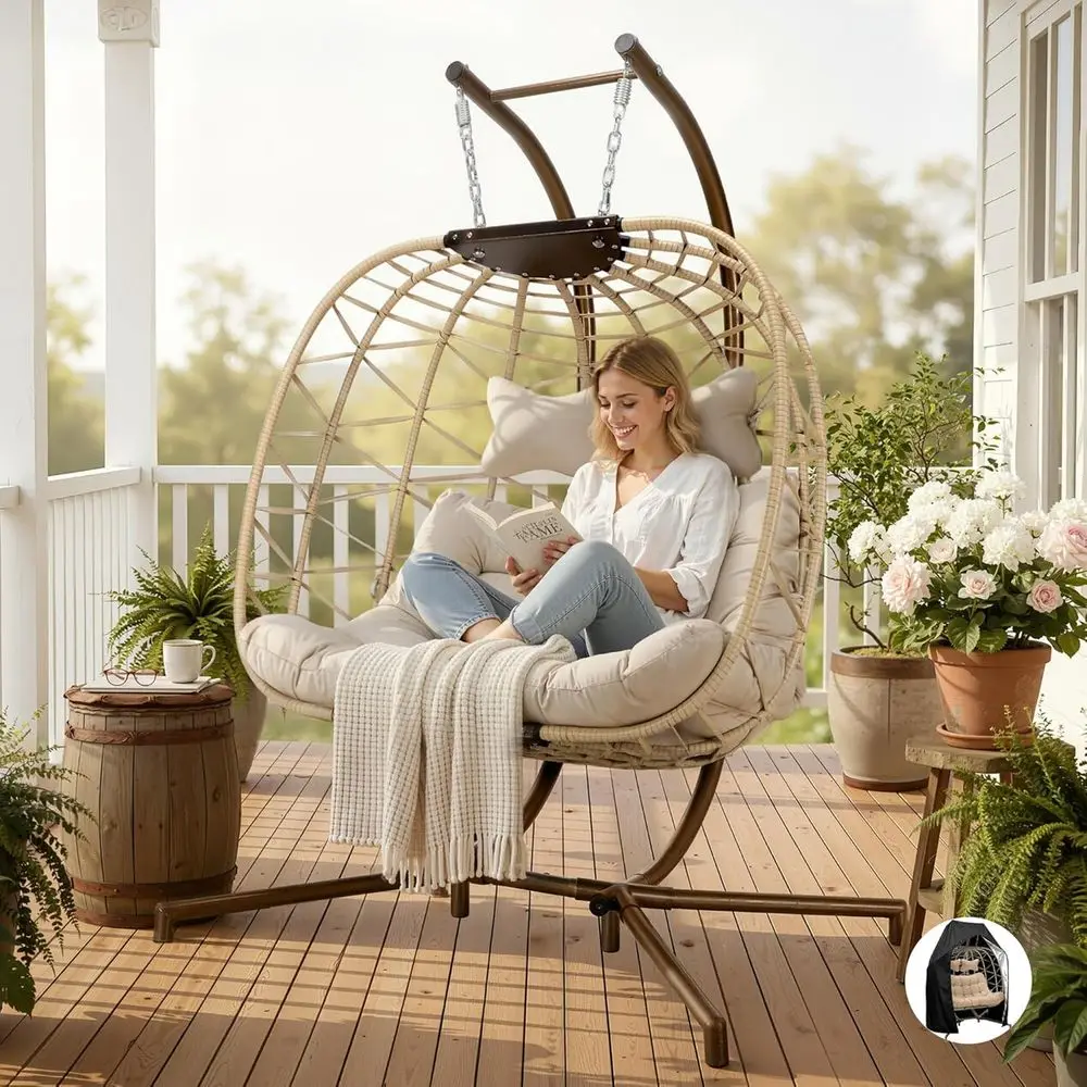 

Extra Large 700lbs Outdoor Wicker Egg Chair Swing with Stand and Rain Cover, Oversized Rattan Loveseat for Patio, Beige