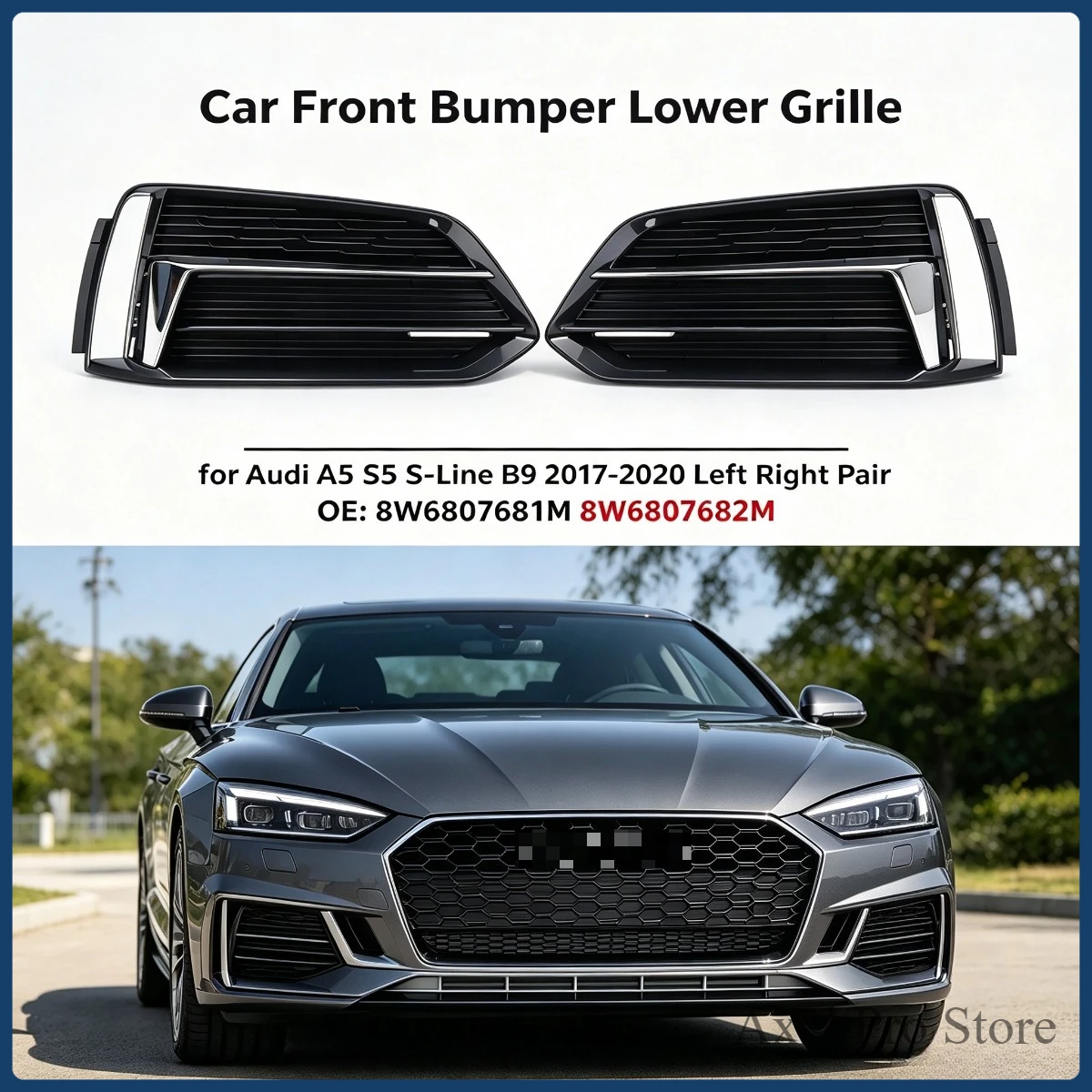 Car Front Bumper Lower Grille for Audi A5 S5 S-Line B9 2017-2020 Left Right Pair Chrome 8W6807681M 8W6807682M