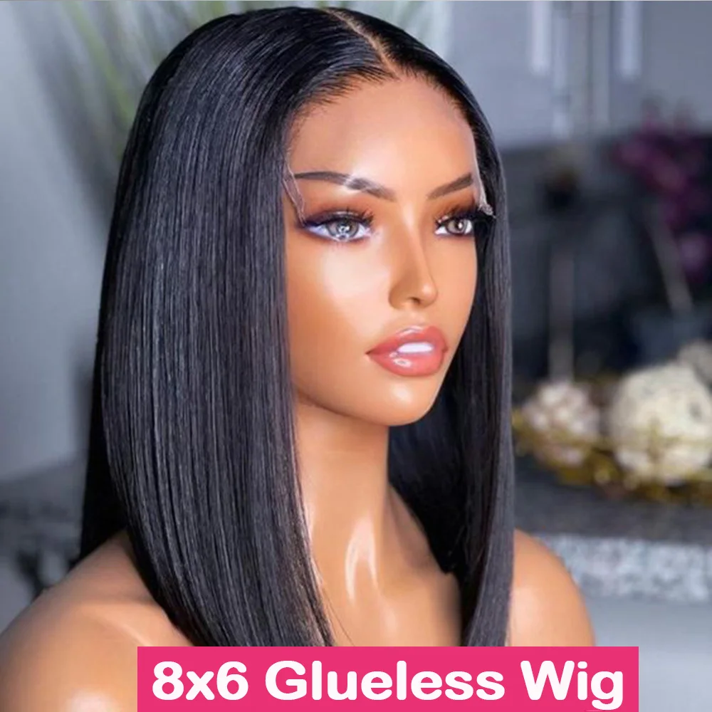 Glueless Wig Human Hair Wear And Go Bob Wig Ready To Wear Straight Glueless Preplucked Human Wigs 8x6 HD Lace Pre Bleached Hair