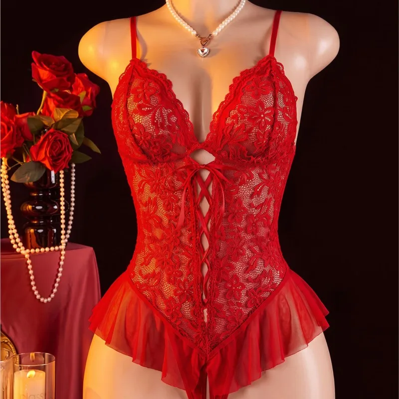 Semi Perspective Women's Front And Rear Hollow Straps Bodysuit Underwear Sexy Crotchless One-piece Lace Pajamas Erotic Costumes