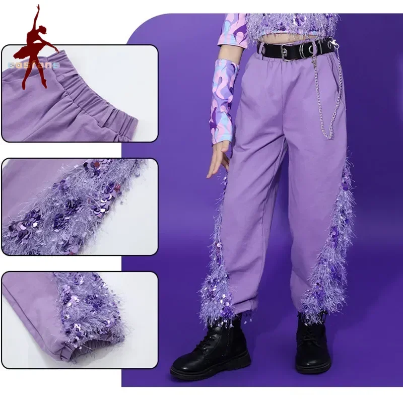 Kinder Street Hip Hop Mädchen Crop Top Lila Pailletten Jacke Jogger Kleidung Outfit Kind Mode Kostüm Teen Street Dance Hosen
