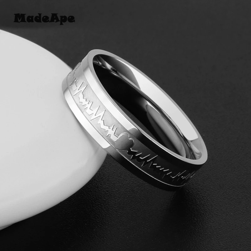 MadApe ECG زوجين خاتم الذهب اللون التيتانيوم الفولاذ المقاوم للصدأ عرض 6 مللي متر النساء خاتم الزواج للنساء الرجال خاتم الخطوبة