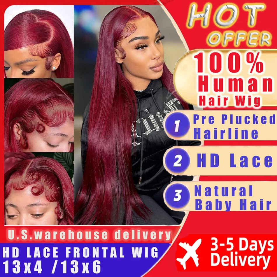 99j Burgundy 13x4 13x6 Full Frontal Lace Brazilian Preplucked Colored Straight Frontal Wigs HD Transparent Lace Human Hair Wigs