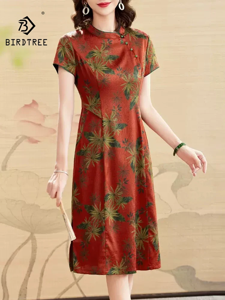 BirdTree, 90%Real Silk Elegant Dresses, Women Short Sleeve Stand Neck Flower, Retro Commute Mom Cheongsam, 2024 Summer D46329QC