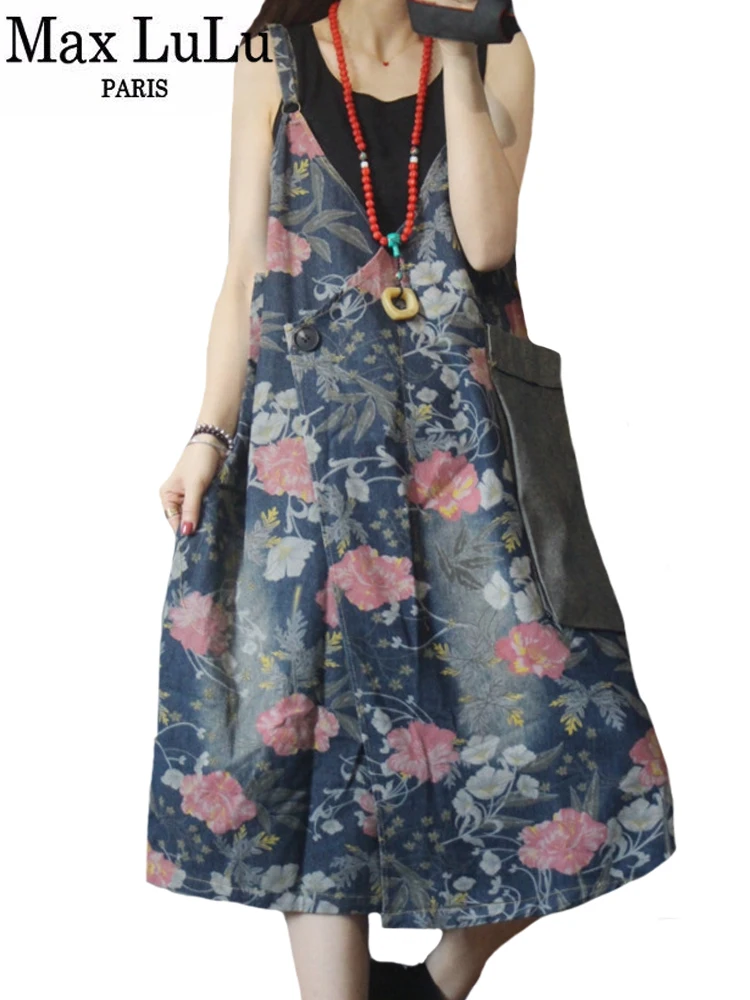 Max LuLu Womens Fashion Floral Denim Vest Dress Spring Vintage Classic Loose Elegant Vestidos Ladies Printed Sleeveless Clothes