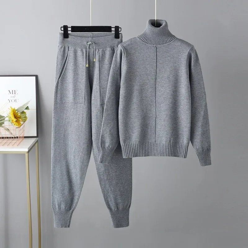 Women Knitted Tracksuit V-neck Sweater Casual Suit Autumn Winter 2 Piece Set Knit Pants Sporting Suit Femme Clothing