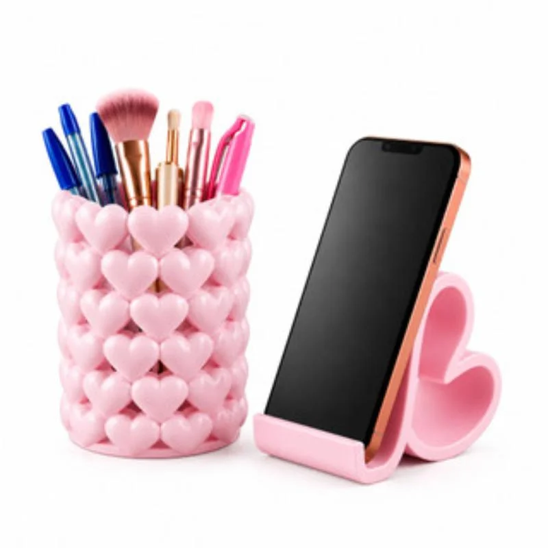 Pink Plastic Pen Holder Cute Hollow Heart Pattern Large Capacity Perfect For Office Desk School Study Storage