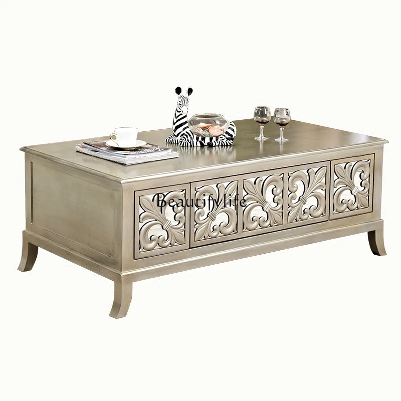 

European living room coffee table TV cabinet combination neoclassical small apartment solid wood carving flower square tea table