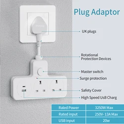 UK Power Plug Wall Outlet 13A 3120W Flexible Power Strip Outlets Extender USB Power Outlet Travel Power Adapter Home Office