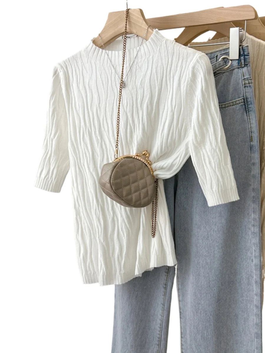 

White Knitted Short sleeved T-shirt Women's Summer 2025 New Spring Autumn Solid O- Neck Bottom Shirt Elegant Middle Sleeve Top