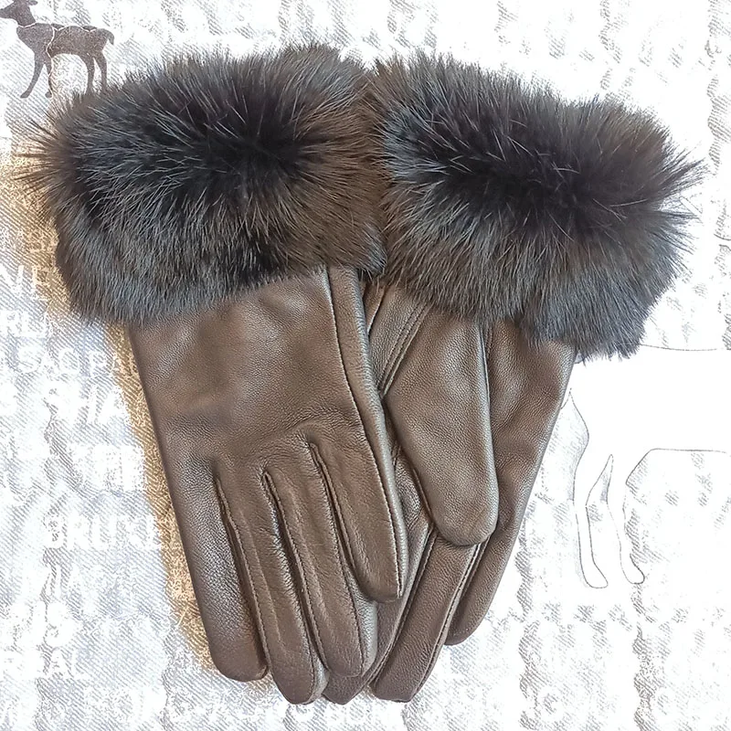 HSPL Genuine leather gloves female thickening leather gloves women\'s rabbit fur sheepskin thermal gloves