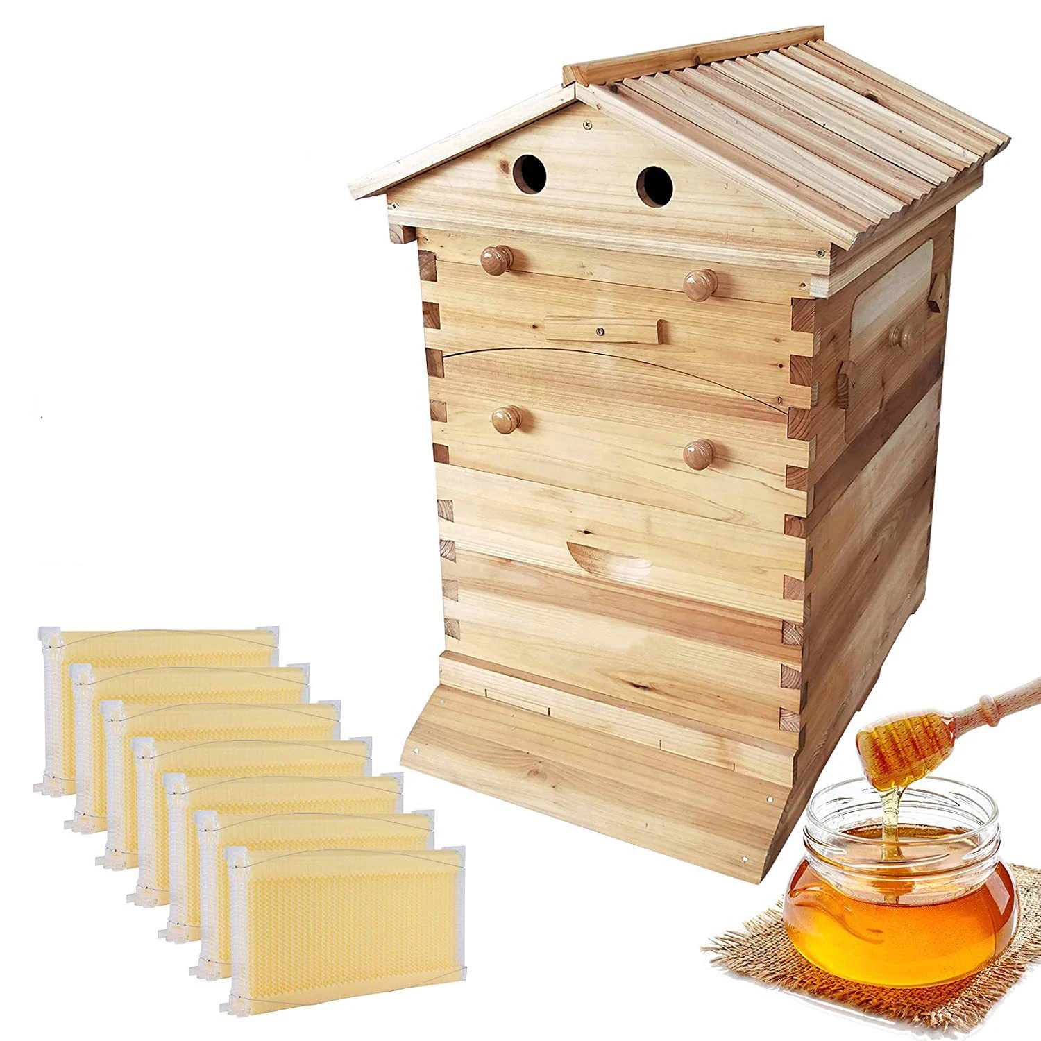 2 Layer Beehives Boxes House Brood Box With 7X Honey Frame Comb + Key