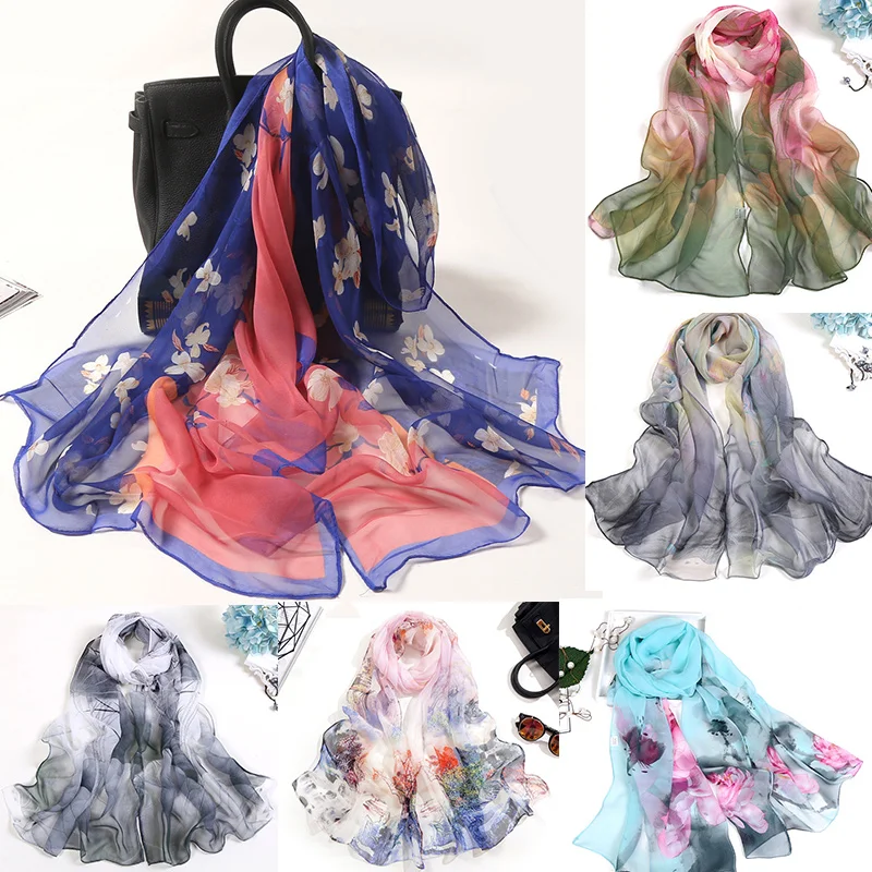 1PC Women Floral Printing Silk Scarf Shawl Neckerchief Female Spring Autumn Long Soft Wraps Beach Sunscreen Hijab Neck Scarves