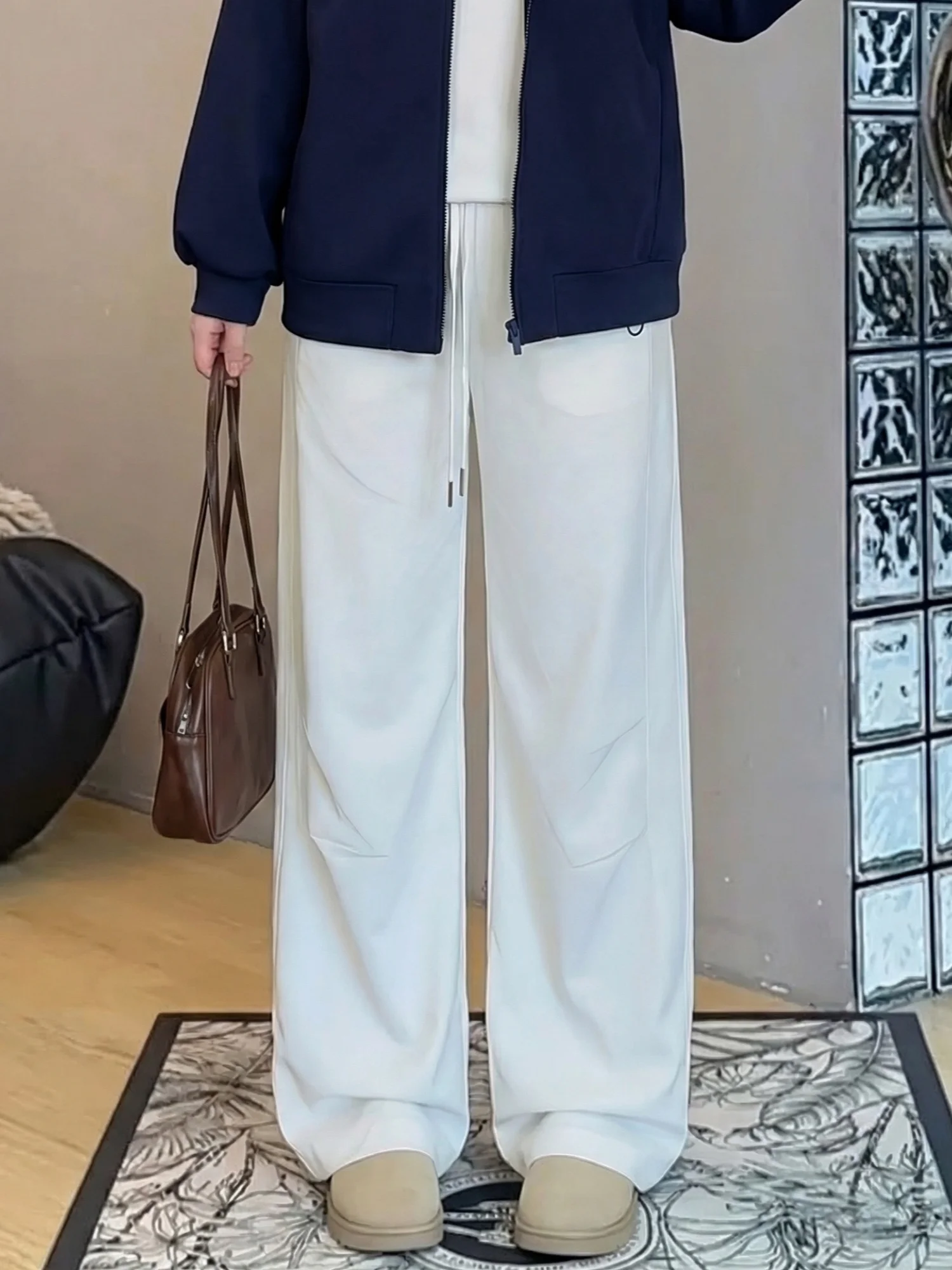 

Spring Fashion Wide Leg Pants Loose Straight Cut High Waist Workwear Style Elegant Casual High Waist Polyester Fiber