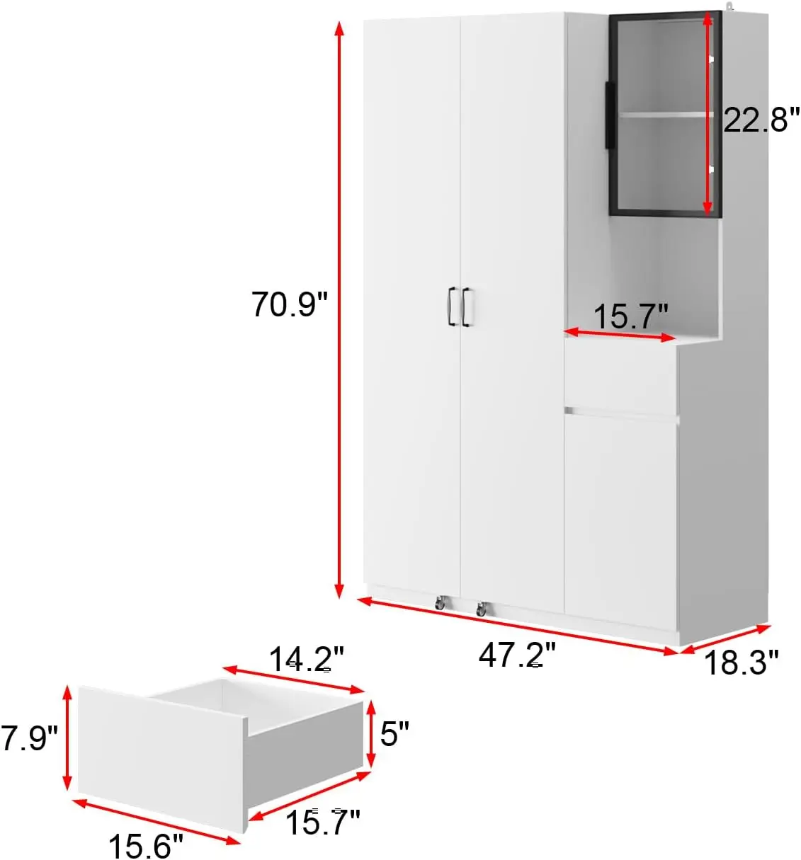 Tall Kitchen Pantry with 3 Color LED Light, 18 Hidden Shelves & Glass Doors, Storage Cabinet with Drawer & 4 Doors, Cupboard