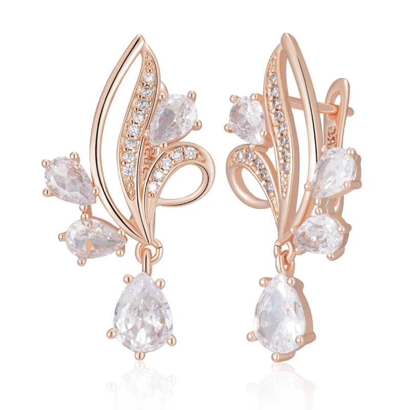 Kinel Hot Shiny Natural Zircon Flower Long Drop Earrings For Women Fashion 585 Rose Gold Color Ethnic Bridal Wedding Jewelry