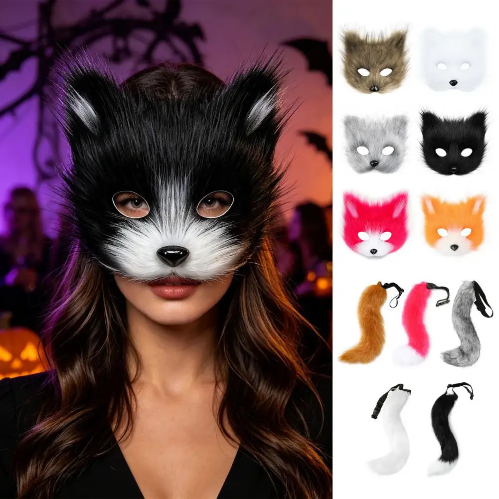 Plush Fox Cosplay Mask, Fluffy Fox Tail Cosplay Costumes Props Fuzzy Fox Mask for Costume Party Anime Convention