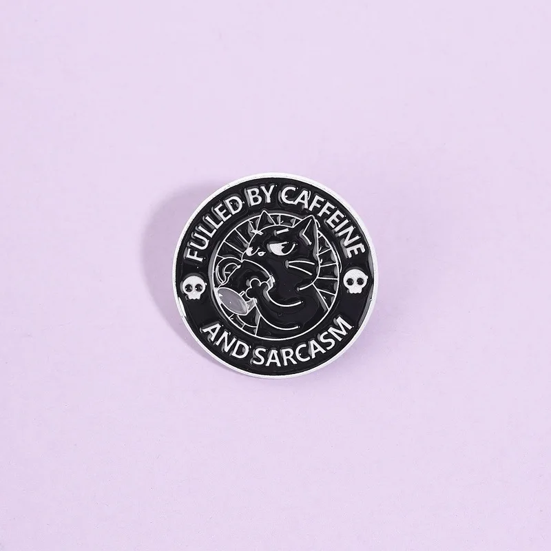 Creative Punk Black Cat  Enamel Pins Cats who enjoy drinking coffee Circular metal accessory badge Animal Jewelry Friends Gifts