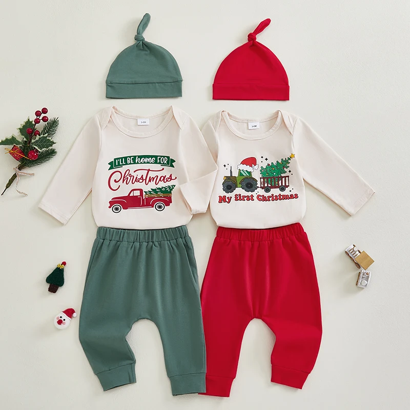 Newborn Baby Boy Christmas Outfit, Long Sleeve Letters Christmas Tree Print Romper with Elastic Pants and Hat Infant 3Pcs Set