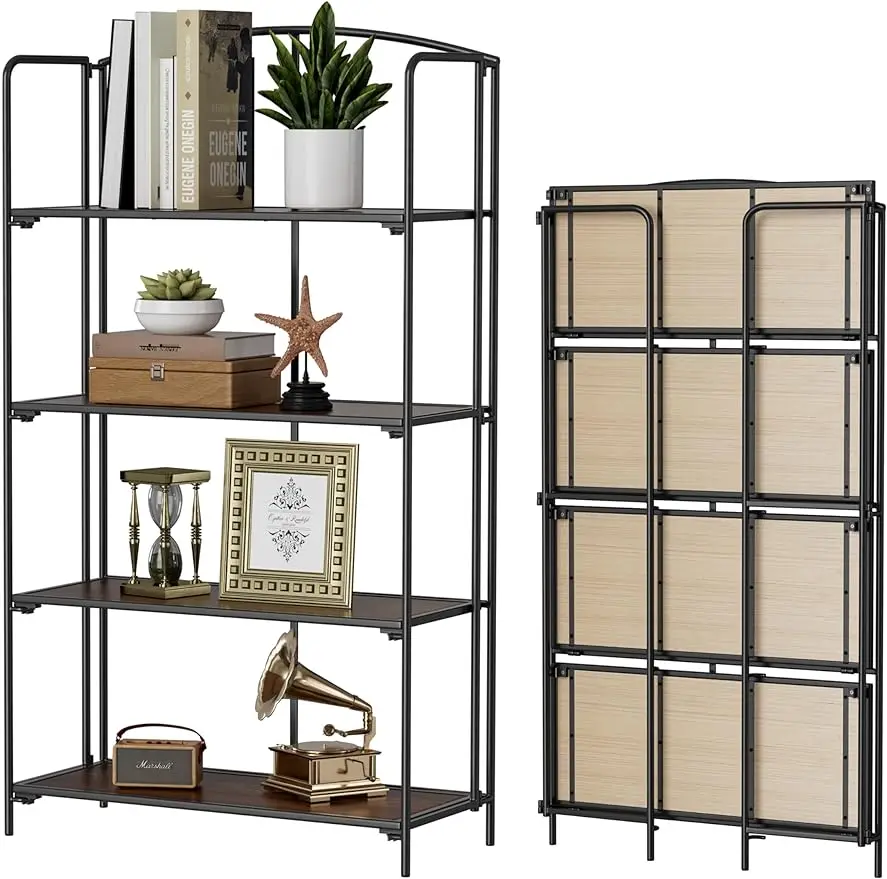 

No Assembly Folding Bookshelf 4 Tier Black Bookshelf Metal Book Shelf for Storage Folding Bookcase for Office Organization