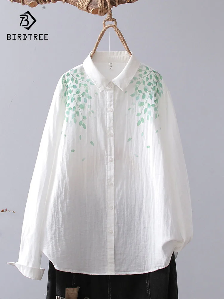 

New 2025 Autumn Cotton Yarn Long Sleeve Shirt, Women Turn-down Collar Print, Mori Girl Retro Casual Soft Loose Blouse T58421CC