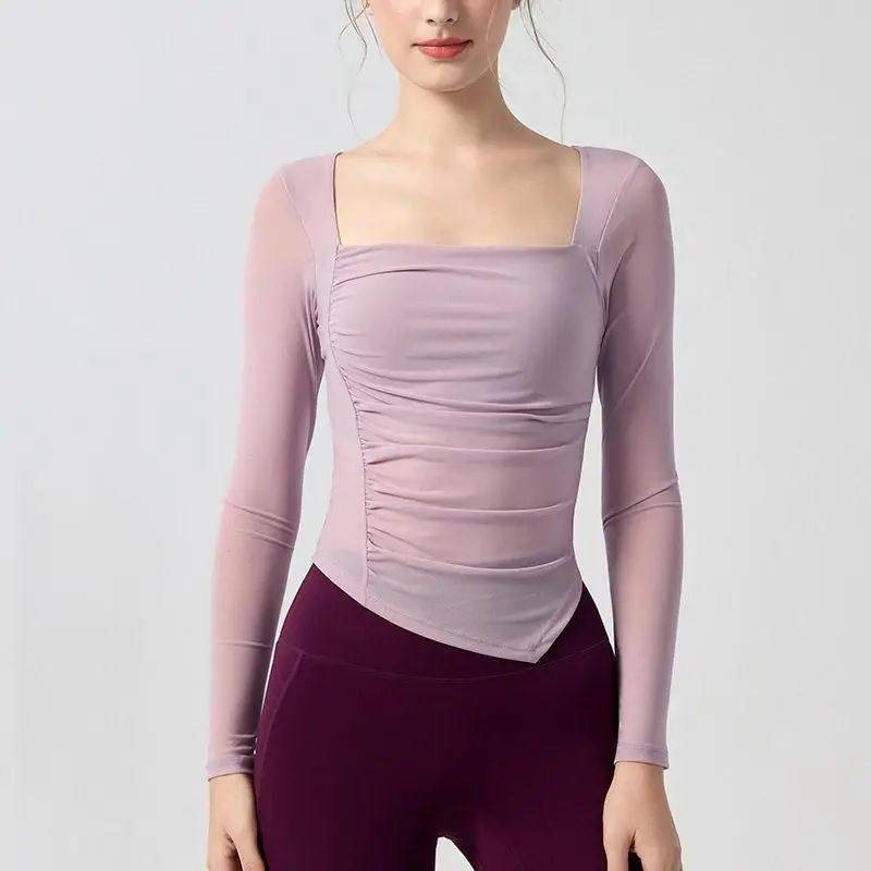Women's Long Sleeve Yoga T-Shirt Mesh Splice Sportswear Quick Dry Breathable Running Top with Chest Pad Advanced Feeling