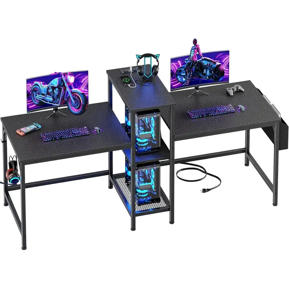 71 Black Dual Desk with Power Outlets, Storage, and Headphone Hooks for Gaming, Study, and Home Office