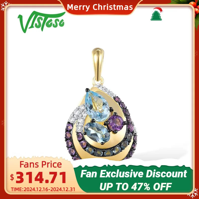 VISTOSO Real 14K 585 Yellow Gold Pendant For Women Sparkling Diamonds Multi Gems Wedding Anniversary Gift Delicate Fine Jewelry