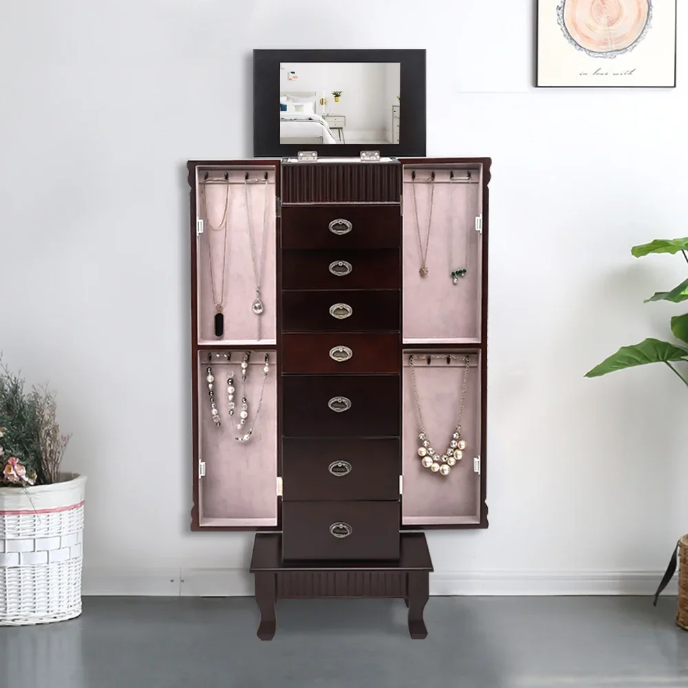 Wooden floor standing jewelry mirror cabinet with 8 layers and 7 drawers, featuring detachable double door feet - dark brown