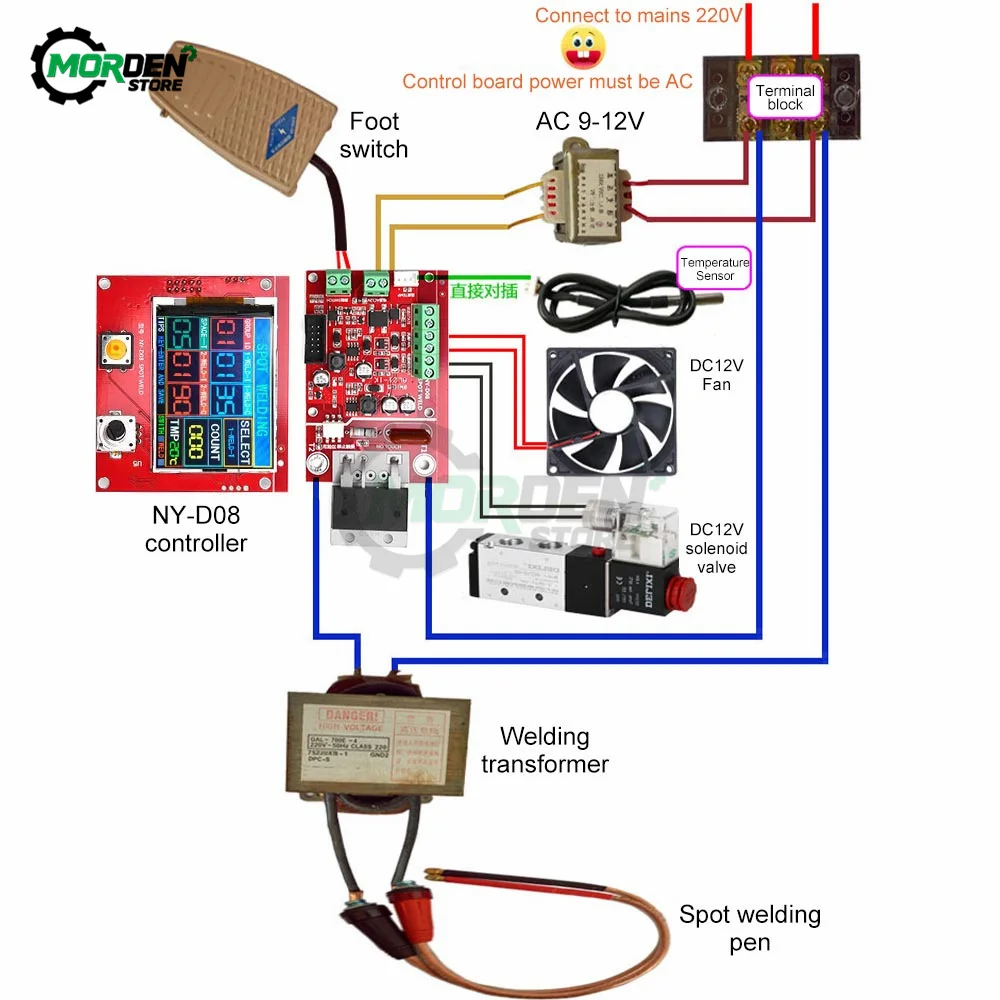 NY-D08 Spot Welding Machine Controller Spot Welder Pneumatic LCD Display with Temperature Sensor for 18650 Battery Repair Tool