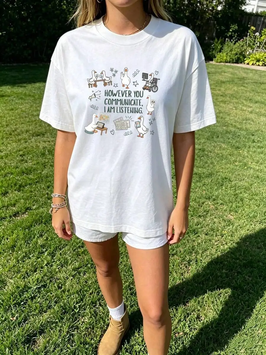 SLP Graphic Tee Special Education Teacher Short Sleeve T-Shirt Inclusion Duck Print Communication Board Top