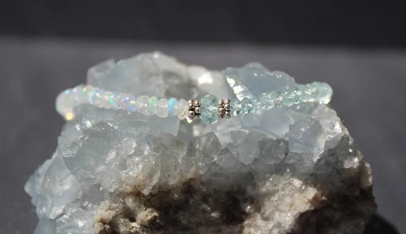 Opal Bracelet with Moonstone and Aquamarine, Moonstone Bracelet, Aquamarine Bracelet, June Birthstone, Dainty Gemstone Beaded