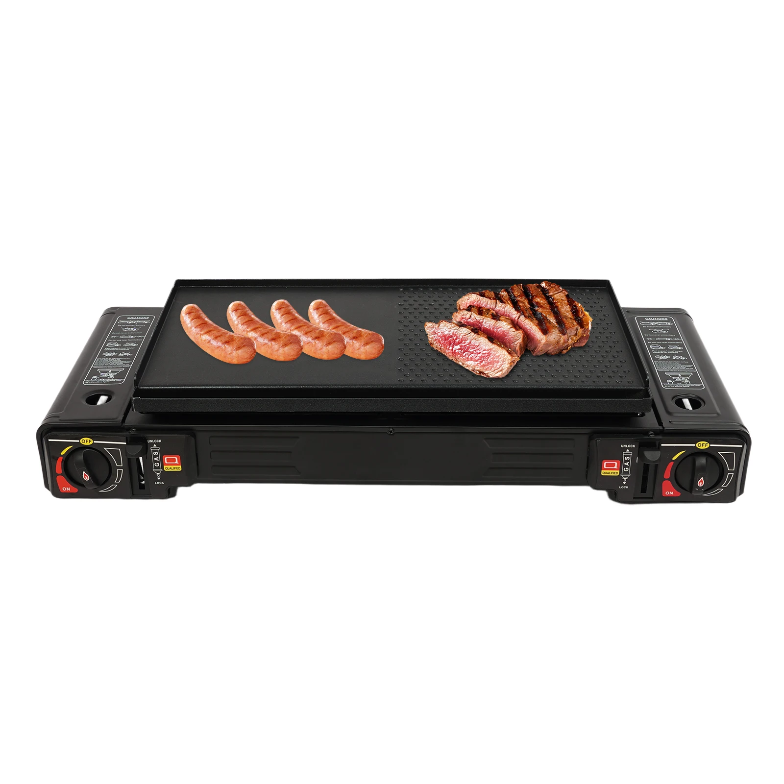 2-branders draagbaar kampeerfornuis, 2,5 kW automatische ontsteking butaan/LPG gasfornuis met bakplaat + draagtas voor RV buiten picknick BBQ - afbeelding 2