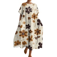 Ladies' Large Sized Floral Printed Fashion Round Neck Short Sleeved Loose Large Pocket Long Dress Beach Comfortable Maxi Skirt