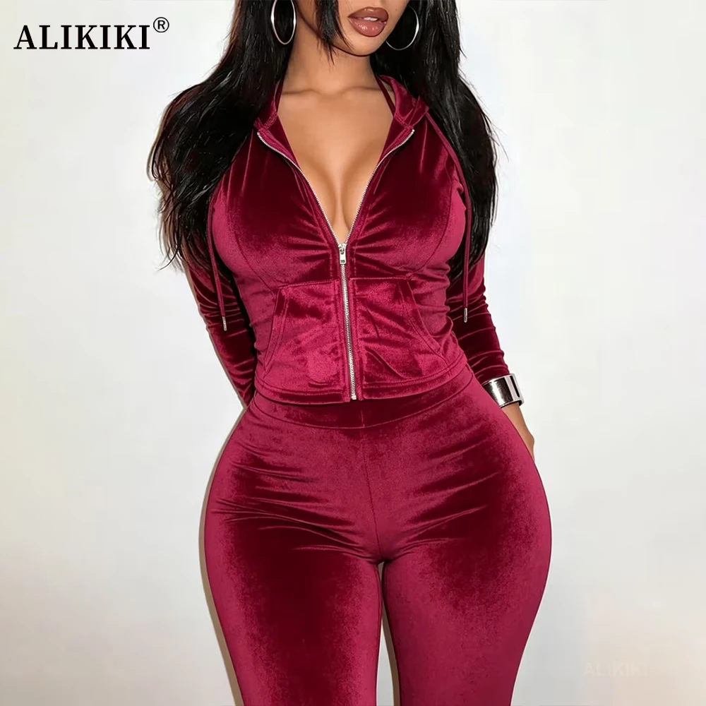 2Pcs Velvet Lounge Set Velour Pajamas Hooded Jogging Sets Wide Leg Tracksuit Airport Travel Outfits for Women