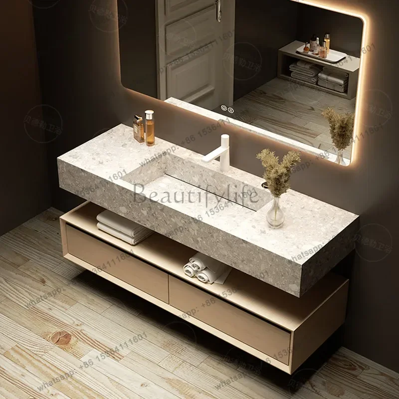 LJY Bathroom Cabinet Double Basin Slab Integrated Sink Modern Bathroom Washstand Basin Cabinet Storage Drawers Bathroom Furnitur