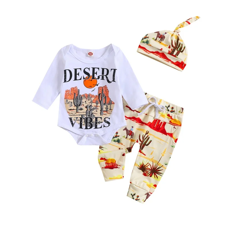 Baby Boy Cowboy Outfit Newborn Western Country Boy Clothes Cow Print Letter Bodysuit Long Pants Cap 3pcs Fall Clothes