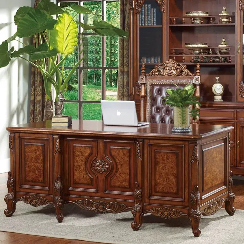 solid wood boss desk bookcase combinationretro carved writing desk study furniture