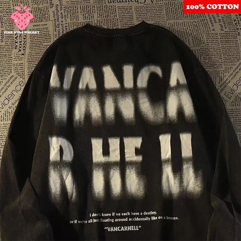 

American Street Letter Print T-shirt Men Autumn 2025 New 100% Cotton Black Casual Long sleeves T-shirt Top Y2k Couple clothing