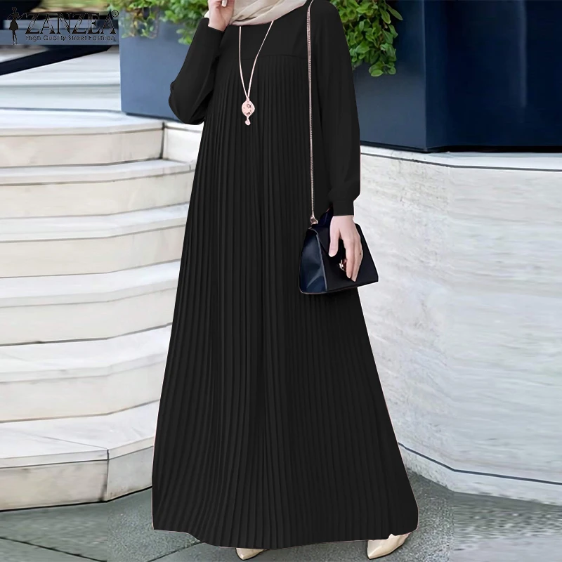 ZANZEA Modest Hijabs Women Pleated Long Dresses Casual O-Neck Long Sleeve Loose Maxi Dress Abaya Robes Woman Muslim Clothes 3XL