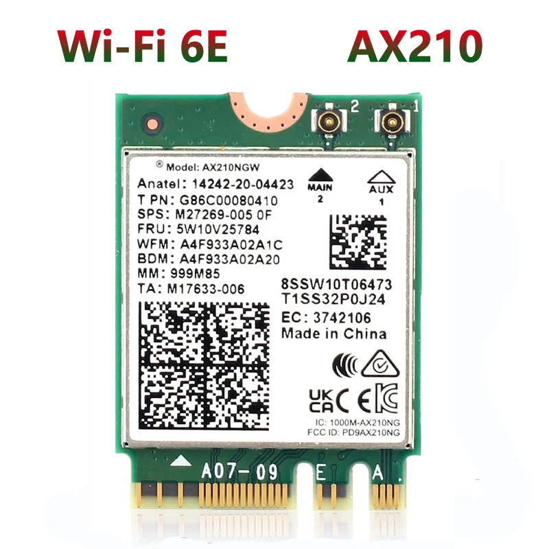 Adaptador WiFi sem fio para PC portátil, 6E Bluetooth 5.3, AX210, M.2, 5374Mbps, 2.4Ghz, 5Ghz, 6Ghz, 802.11ax