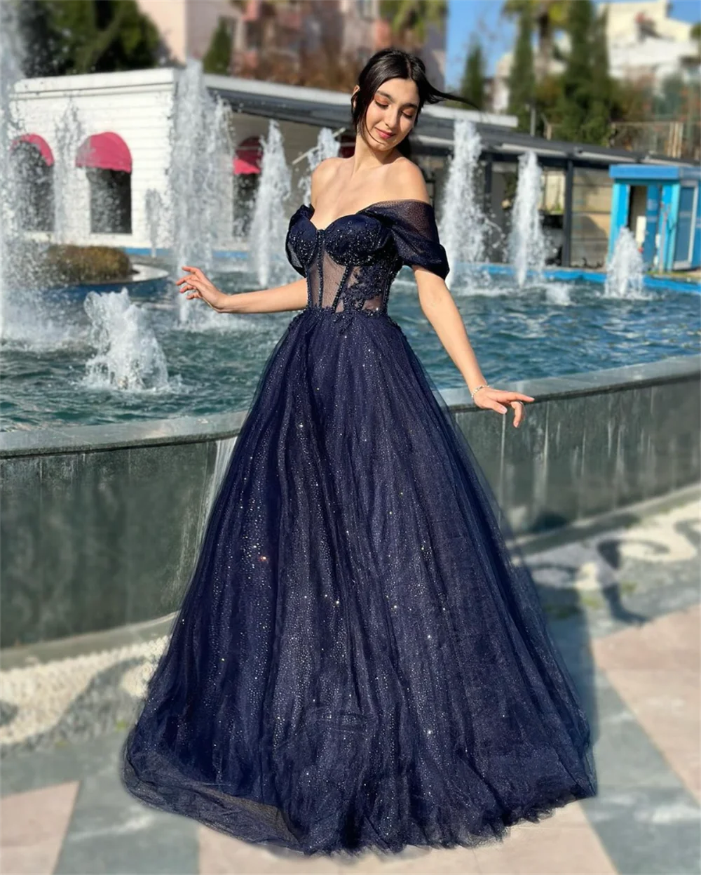 Jessica Navy Blue Prom Dresses Sweet Glitter Tulle A-shaped Evening Dresses Wedding Dress Formal Party Dresses Vestidos De Noche