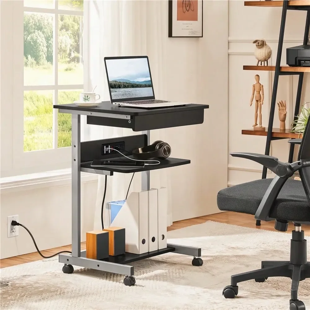 

22in Compact Computer Desk With Outlet, Office Desk With Rolling Tray, Student Bedside Table For Home Office, Black